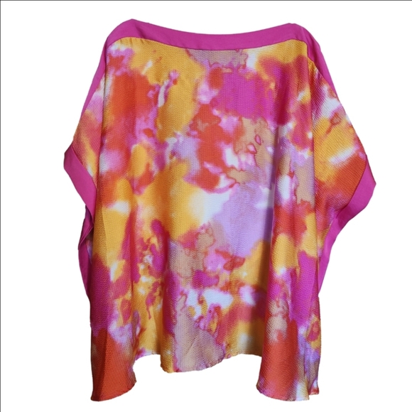 COLORFUL OVERSIZED WATERCOLOR PRINT BOHO FAUX TUCK RESORT FLOWY CAFTAN TOP OS - Picture 7 of 7
